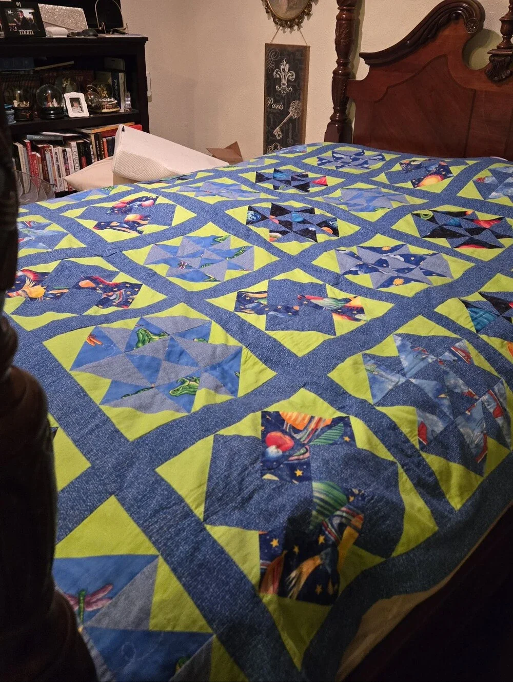 Patchwork COTTON QUILT  FULL/QUEEN SZ BLUE GRN Stars Planets 4 Cards Motif Cabin